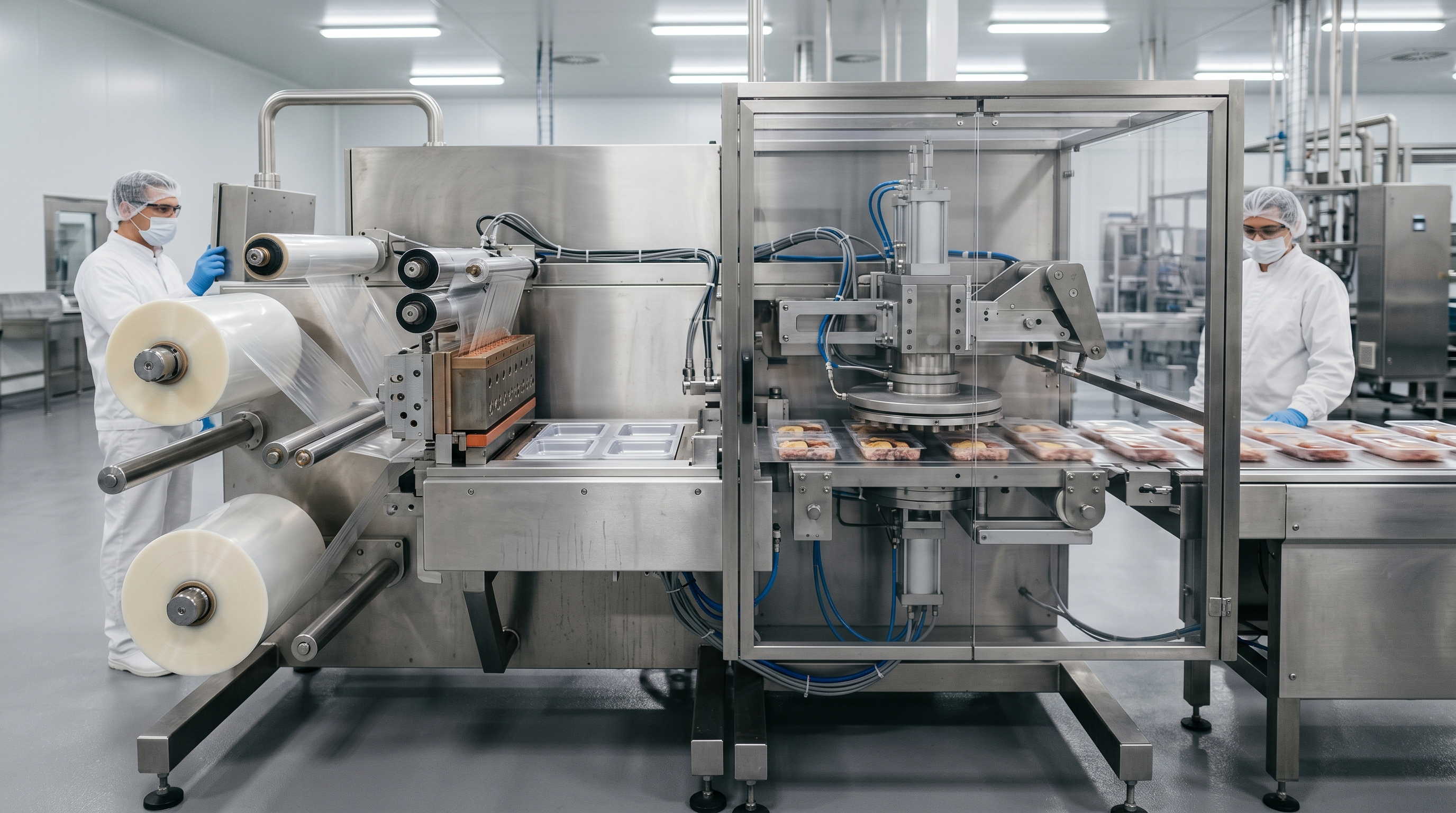 Automated thermoforming packaging machine in a food factory