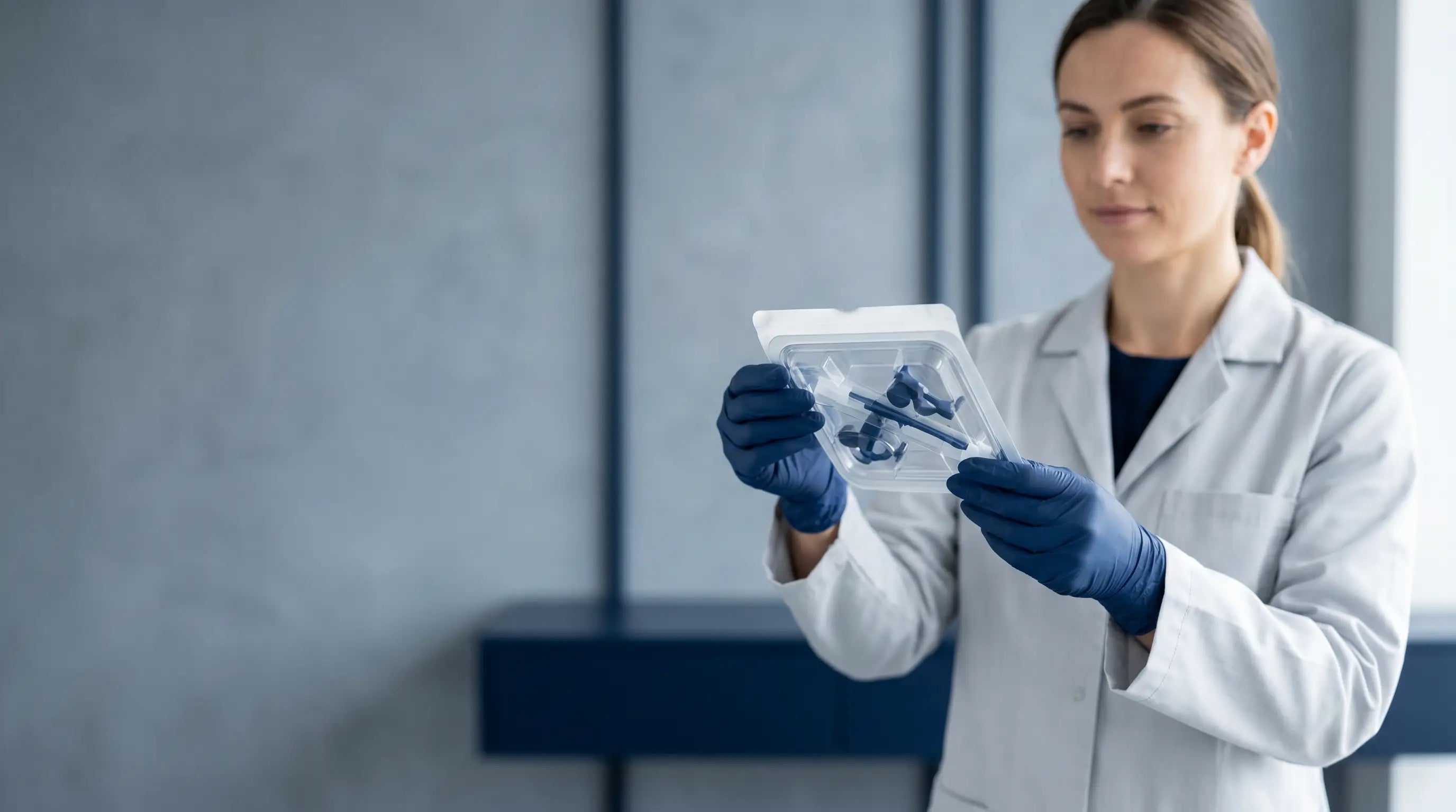 A professional inspecting a sealed clear thermoformed tray