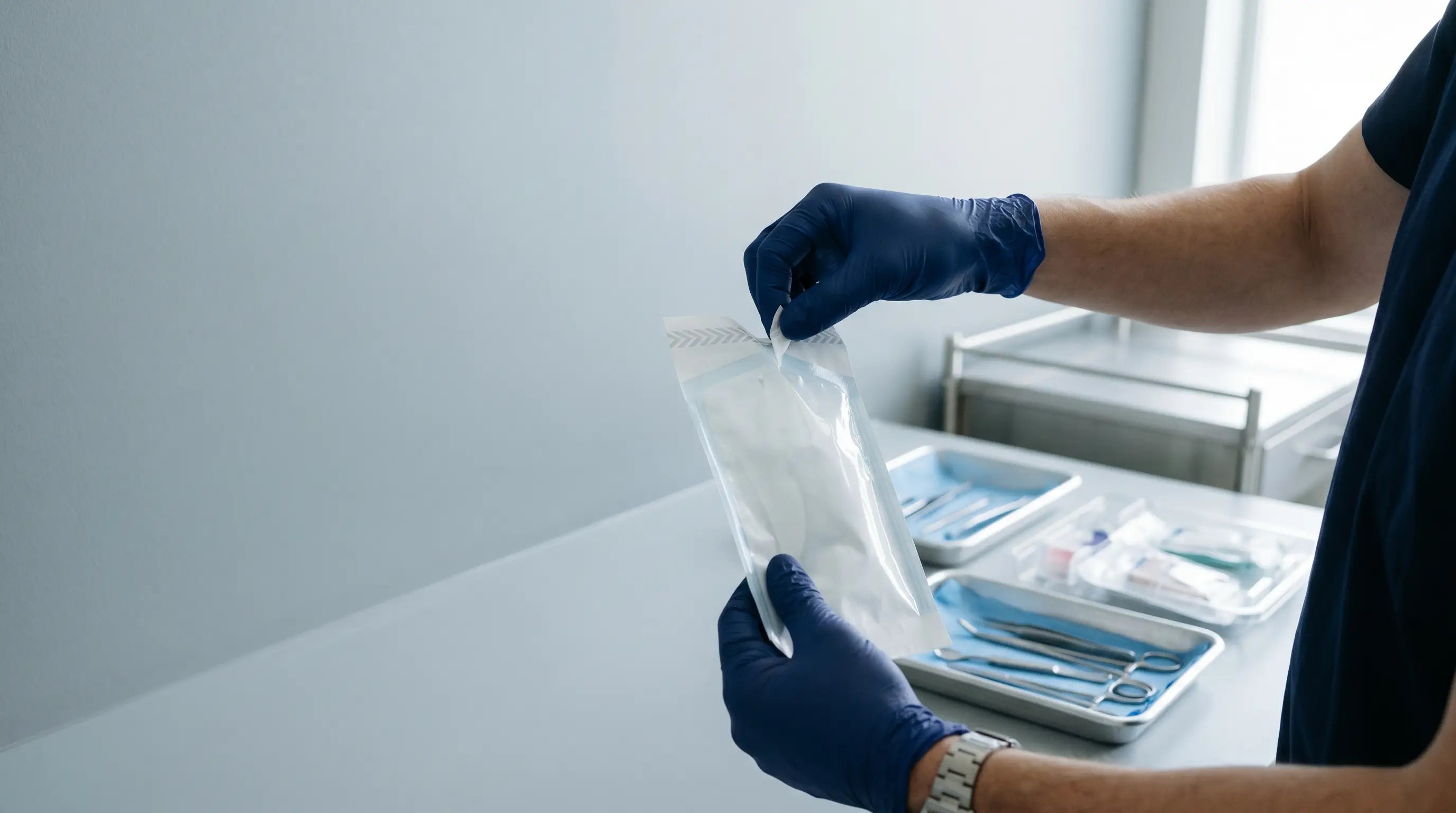 A professional peel-testing a sterile-barrier medical pouch
