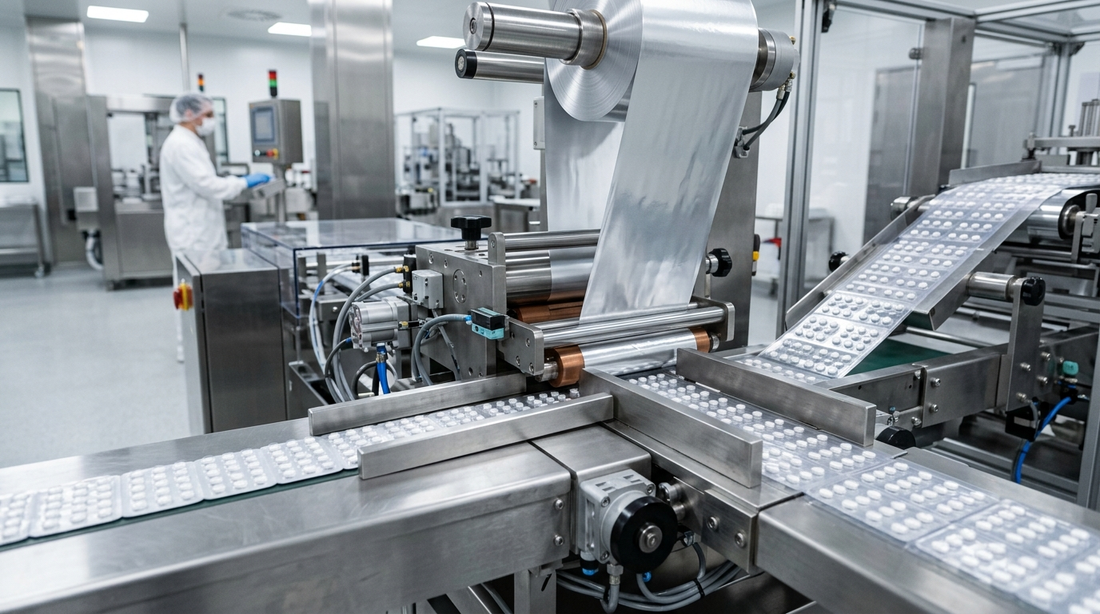 Blister packaging production line in pharmaceutical manufacturing