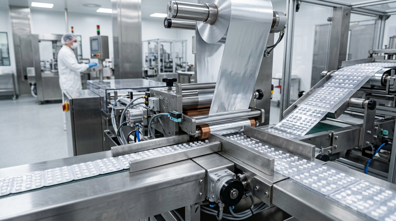 Blister packaging production line in pharmaceutical manufacturing