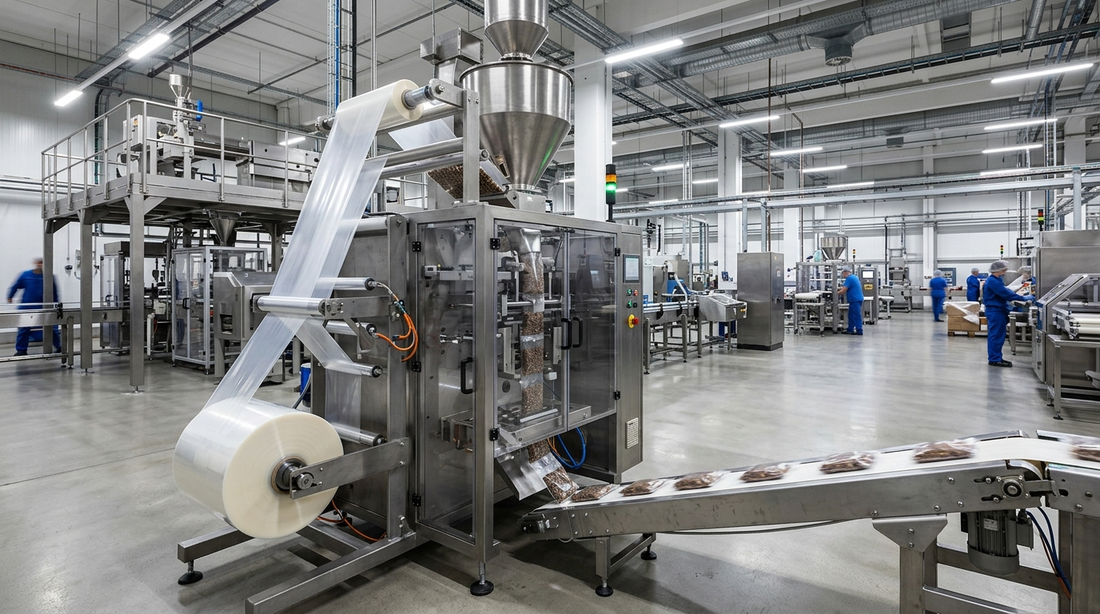 Form fill seal FFS packaging machine in food production facility