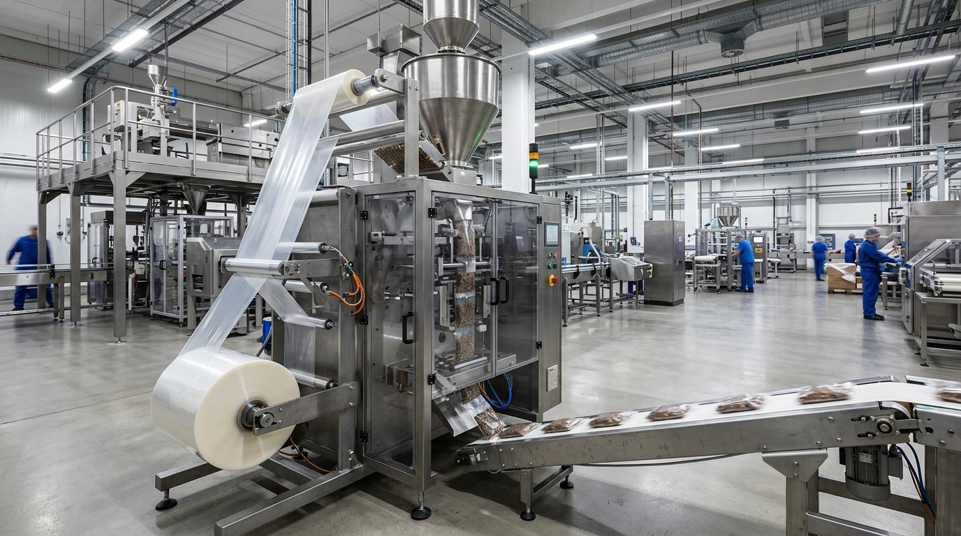 Form fill seal FFS packaging machine in food production facility