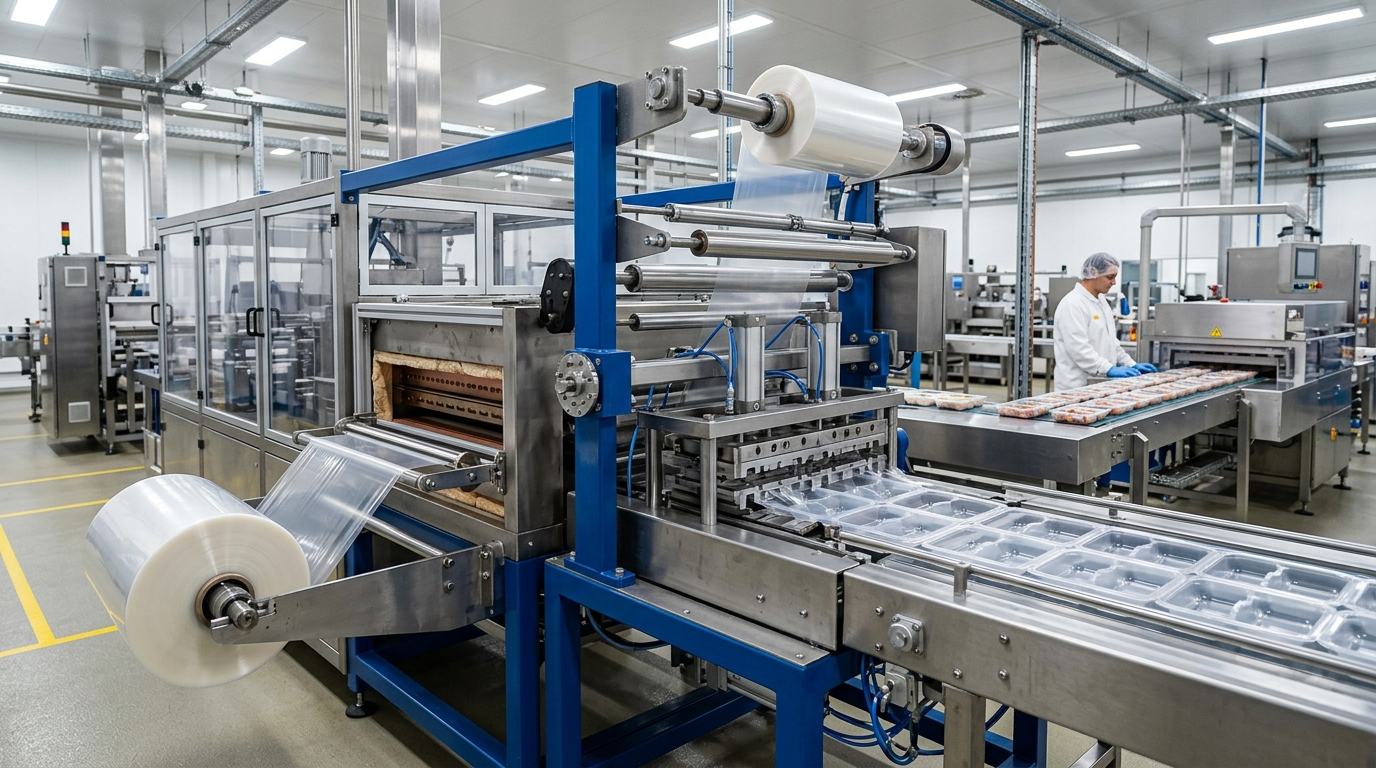 Industrial thermoforming packaging machine forming food trays on production line