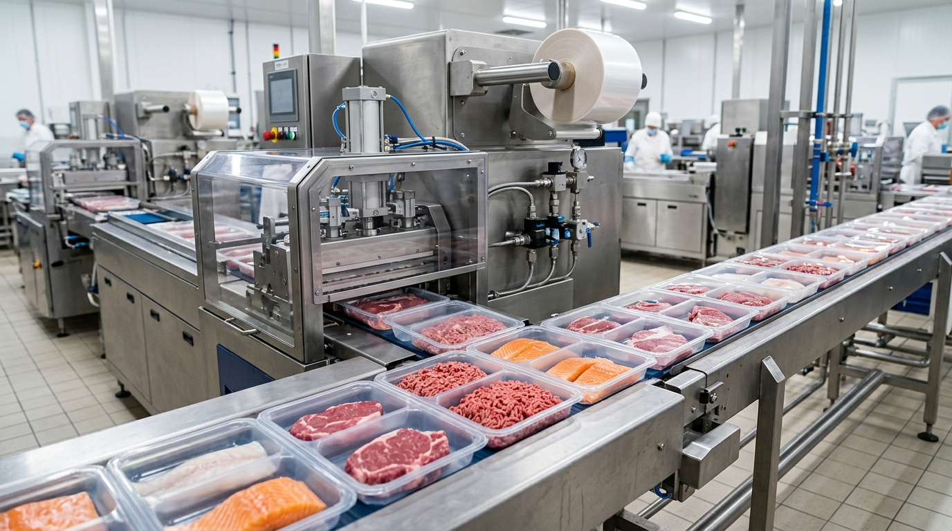 Modified atmosphere packaging MAP tray sealer machine on industrial food line