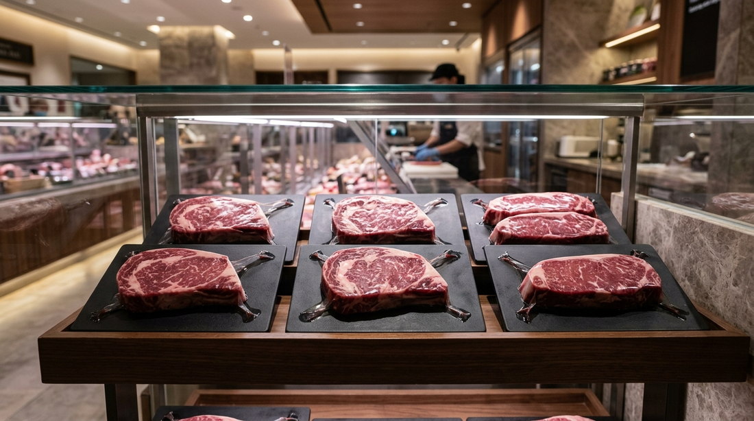 Vacuum skin packaging VSP premium fresh beef steaks in retail display case