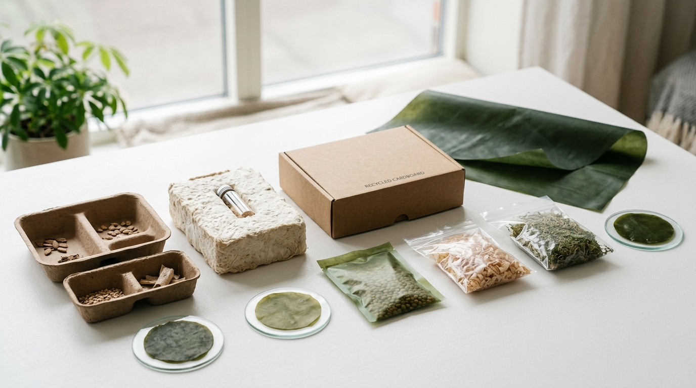 Sustainable packaging materials collection including bio-based fiber and compostable options