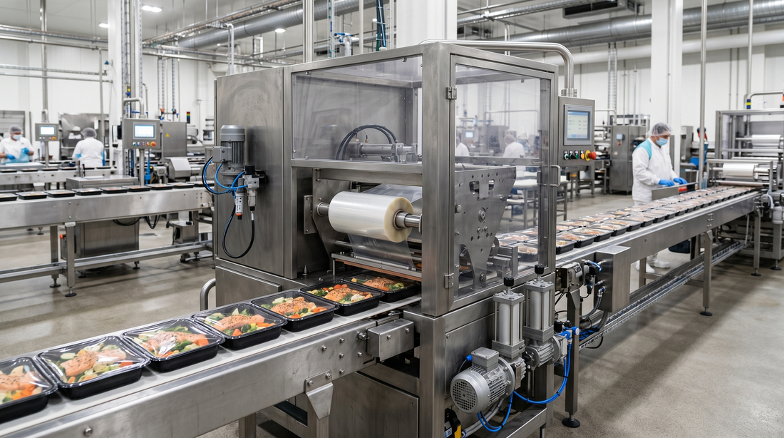 Industrial tray sealer machine in food processing facility