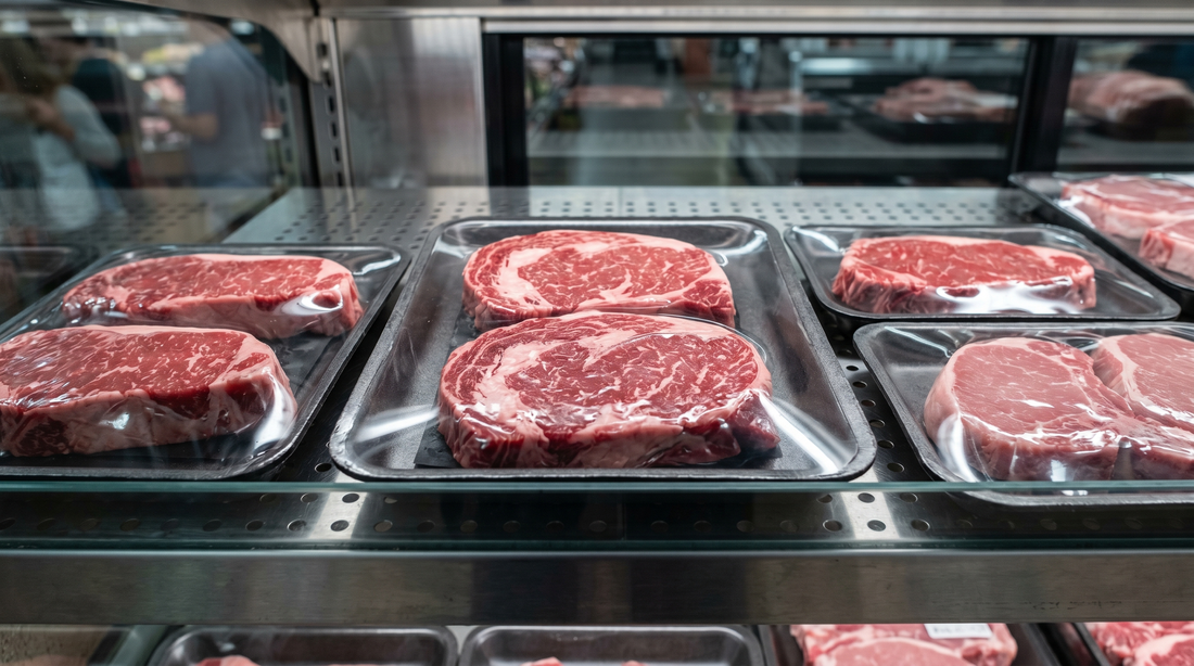 Vacuum skin packaging fresh meat retail display