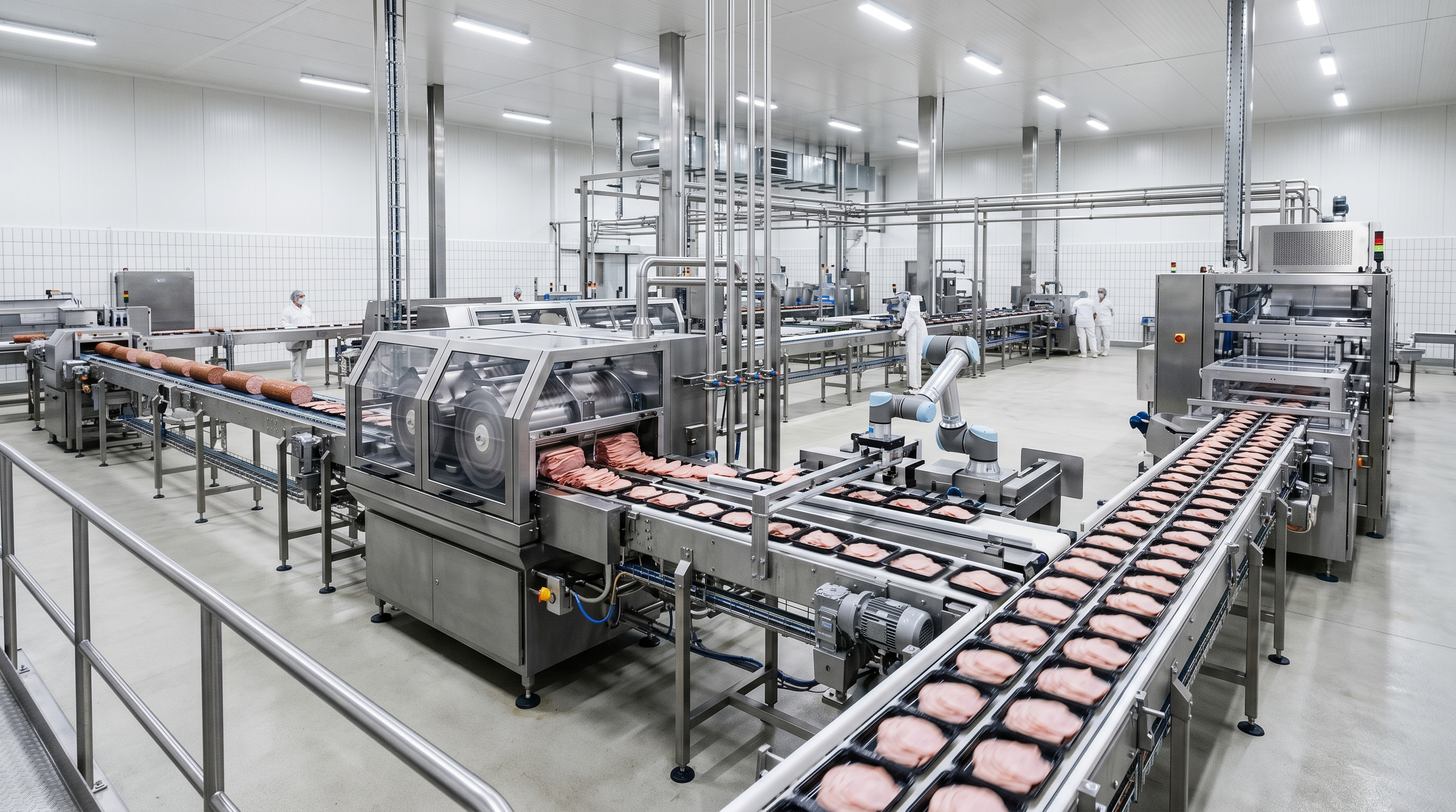 Automated food processing line with slicing and portioning equipment