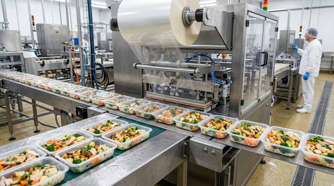 Tray sealing packaging line in food manufacturing