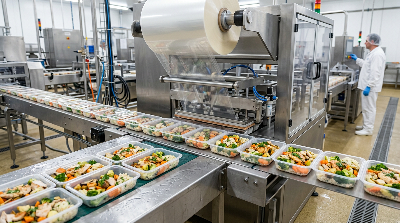 Tray sealing packaging line in food manufacturing